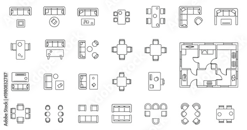 Architectural Floor Plan and Furniture Layout Top View Set