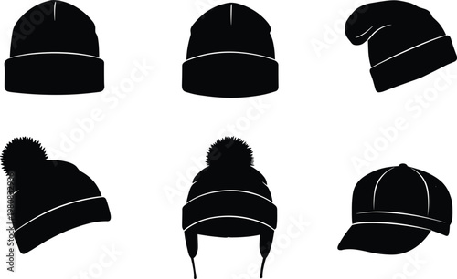 Vector set of winter beanies, slouchy hats, pom pom hats, earflap knit caps, and casual baseball cap illustrations
