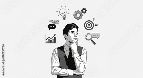 Young businessman in vest thinking and planning.