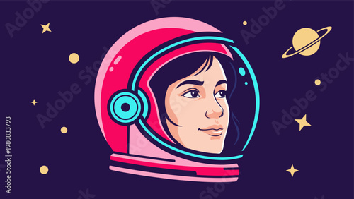 Colorful female astronaut portrait illustration featuring woman wearing space helmet with planets and stars background.