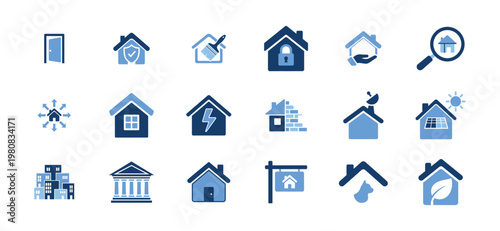 Real estate icon set with various housing symbols including door, secured home, painting, locked house, caring hand, search, connections, window, electricity, damaged.