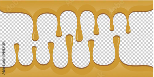 Hot chocolate drip illustration. Melting chocolate on transparent background. Drippy ice cream vector design. Wavy choco melt border. Brown chocolate drips illustration.