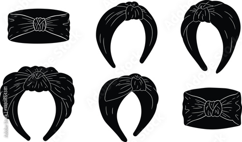 Collection of fashionable knotted headbands and turban hair accessories for women, trendy fabric hairbands, stylish bow wraps, chic illustration design