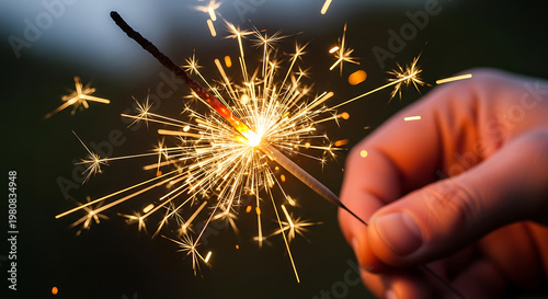 A hand holds a brightly burning sparkler emitting golden sparks on transparent background