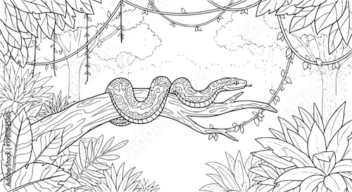 Foto Jungle coloring page with snake on tree branch tropical rainforest foliage and w