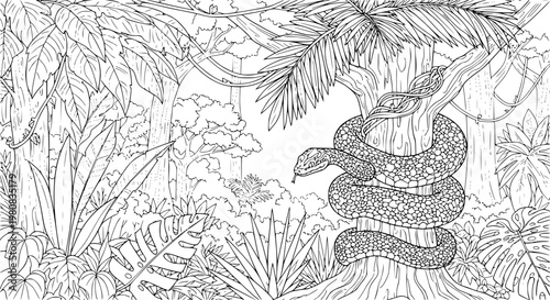 Tropical forest coloring page with snake on tree trunk jungle foliage and wildlife line art