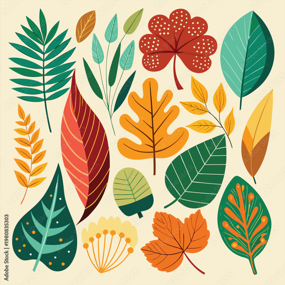 Fototapeta premium Modern Colorful Leaves Set Flat Botanical Vector Illustration