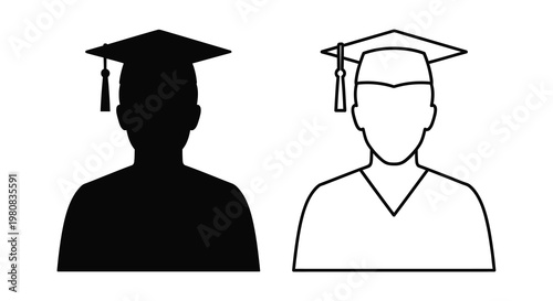 Two graduation cap icons one solid black and the other a white outline