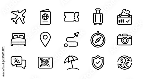 Travel icons set, 16 black line symbols, tourism and vacation elements, vector graphics