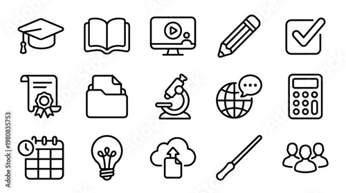 Education icons, line style, 15 editable vector graphics, school, learning, teaching tools