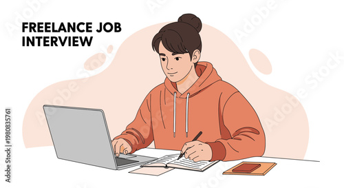 Freelance Job Interview: Young Person Working on Laptop and Taking Notes