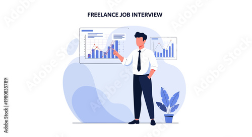 Freelance job interview, man presenting charts and graphs, business analytics concept