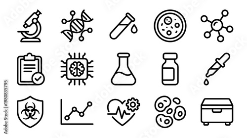 Medical, science, biology icons, 13 line style symbols, healthcare, laboratory, research, virus, bacteria, medicine, health, biotechnology, microbiology