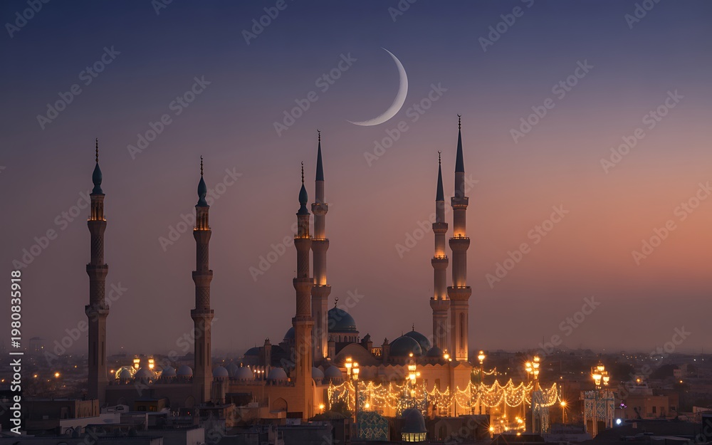 Fototapeta premium A serene mosque at dusk with illuminated minarets and a crescent moon in the sky isolated on white background