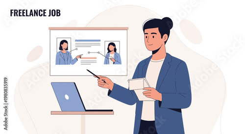 Freelance job presentation: man explaining online job opportunities on screen