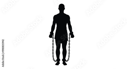 A silhouetted figure stands with chained wrists and ankles symbolizing captivity