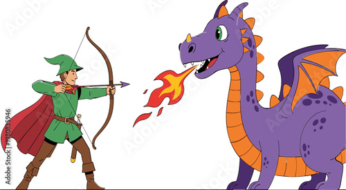 Cartoon Archer Facing Fire-Breathing Purple Dragon for Fantasy, Adventure, and Kids' Story Designs