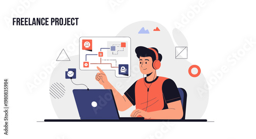 Freelance project concept: man working on laptop with headphones, project management flowchart