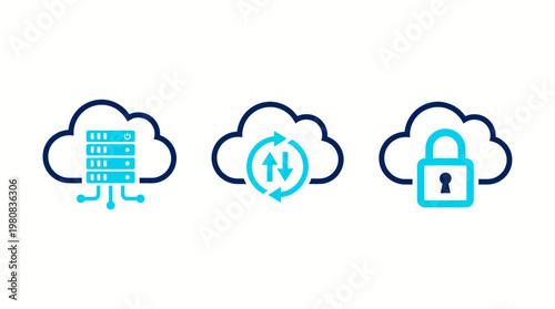 Cloud computing technology network icon set showing data storage sync and secure server vector illustration