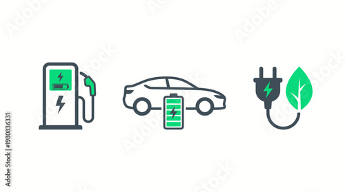 Electric vehicle charging station icon set showing eco car with green battery power vector design