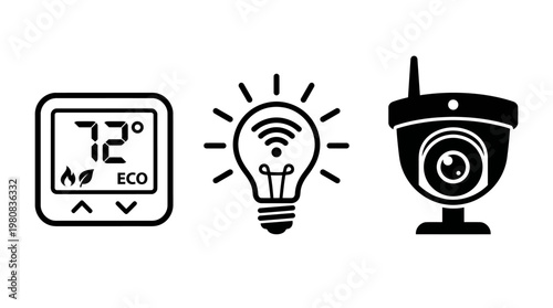 Smart home automation technology icon set showing wifi lightbulb and internet security camera vector illustration