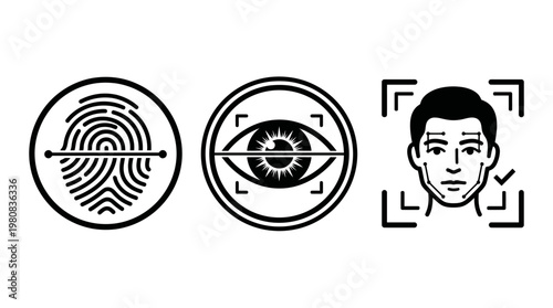 Biometric cyber security technology icon set showing eye iris scan and facial recognition vector concept