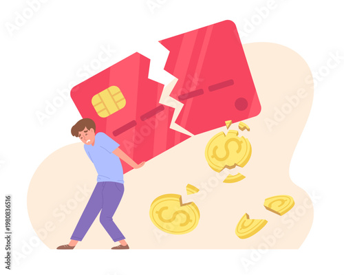 Stressed man having credit card debt problem. Lack of financial liquidity. Concept of financial pressure, money problems, and personal finance crisis. Flat vector style illustration.