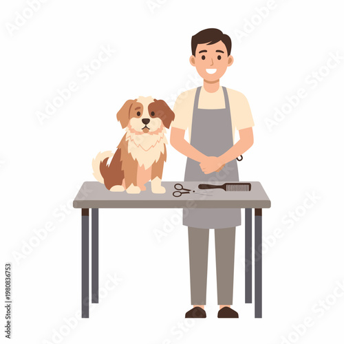 Groomer with happy dog at pet grooming service on table