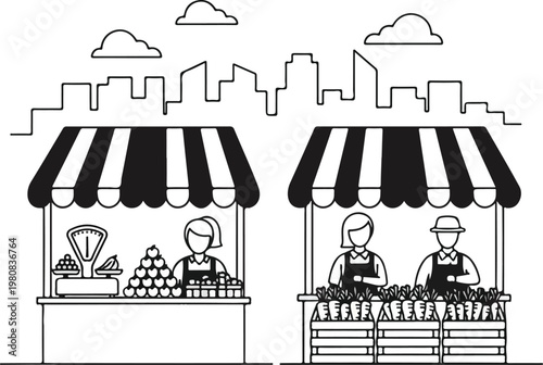 Market stalls with vendors and city skyline line art illustration