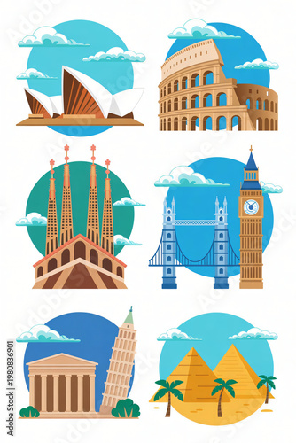 Six colorful flat design vector icons of famous world landmarks including Sydney Opera House, Colosseum, Sagrada Familia, Big Ben, Parthenon, and Egypt Pyramids for travel and tourism