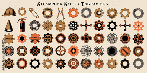 A collection of steampunk safety engravings featuring various gears, cogs, and industrial icons in a vintage style.