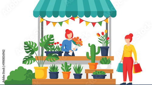 Flower shop market stall with seller and customer buying plants and flowers in colorful outdoor garden store illustration