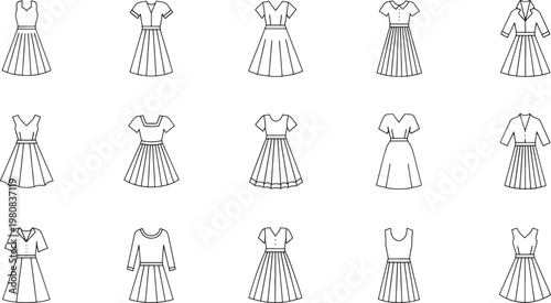 Black and white line of various women's dresses and gowns in different styles line fashion dresses