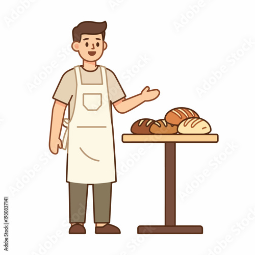 Bakery stand with a man and various fresh bread loaves
