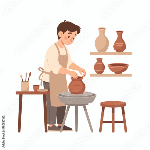 A man crafting a clay vase on a pottery wheel in a workshop