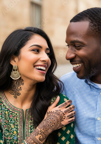 Happy smiling interracial couple sharing joyful moment with woman wearing traditional Indian attire henna mehndi and jewelry