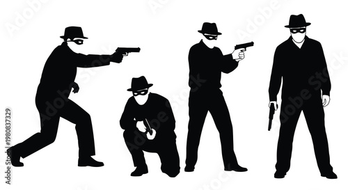 Four figures in black silhouettes appear to be committing a robbery