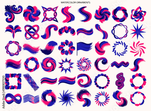 A vibrant collection of watercolor ornaments in blue and pink hues, perfect for design and decoration