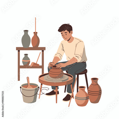 Man creating pottery on a wheel with vases and tools nearby