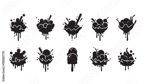 Ice Cream Splash Icons During Summer with Abstract Drips and Swirls