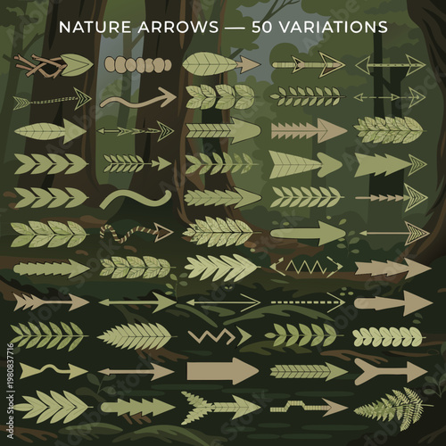 A collection of nature-inspired arrows in various designs and shapes, set against a forest background.