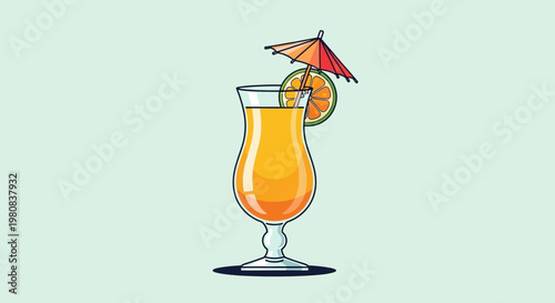 A refreshing cocktail with an orange slice and parasol, ready to be enjoyed