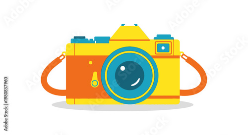Colorful illustration of a vintage camera. The camera is rendered in bright colors and clean lines, perfect for design needs.