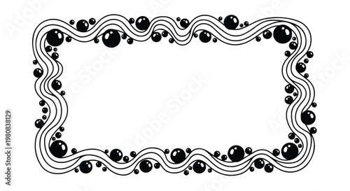 Black and white illustration of a decorative frame with wavy lines and bubbles on a white background.