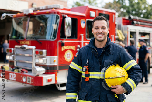 Confident male firefighter holding a yellow safety helmet standing near a modern fire engine