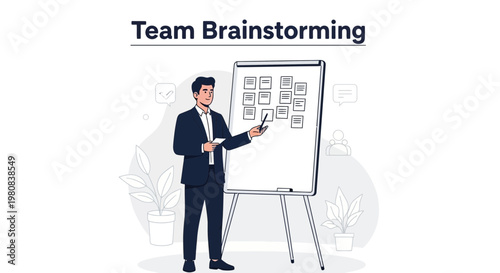 Business man presenting ideas on whiteboard during team brainstorming session