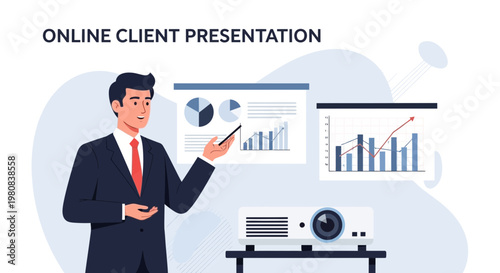 Business man presenting online client presentation with charts on projector screen
