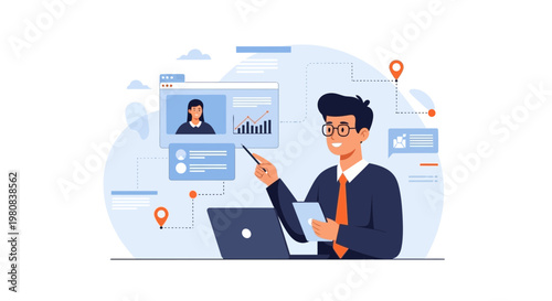 Business man presenting online meeting with charts and graphs on screen, laptop