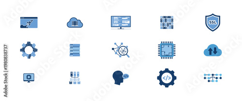 Technology and data icons for computer science network infrastructure cybersecurity and software development with chips servers and code elements.