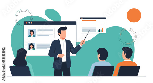 Business presentation with speaker and audience in a modern office setting